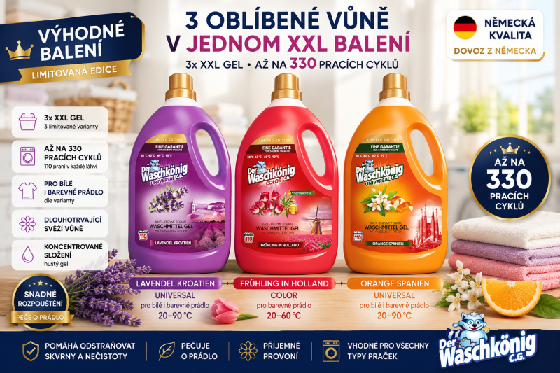 Výhodné balení 3× Waschkönig XXL prací gel – Lavendel Kroatien, Frühling in Holland a Orange Spanien